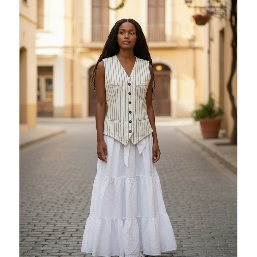 Lauren Ralph Lauren VTGE Vest SZ Medium Cream Blue Pinstripe Cotton Cinch Back